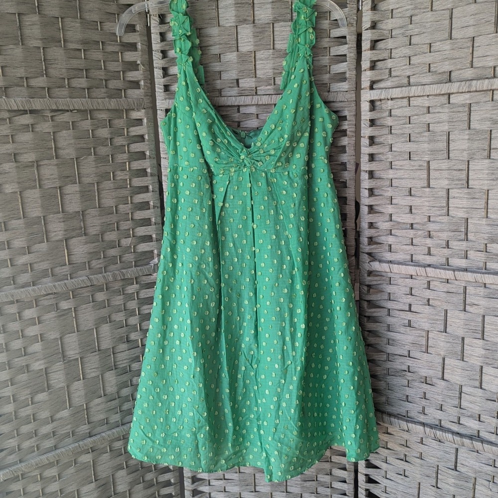 Nine West Babydoll Mini Dress Green Clip Dot Ruffle Strap Silk Cotton Blend 8